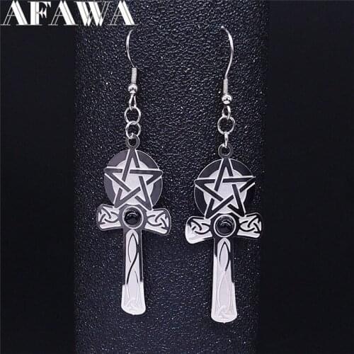 Witchcraft Pentagram Cross Stainless Steel Natural Stone AFAWA Silver Color Irish Knot Drop Earrings Jewelry bijoux EXS02