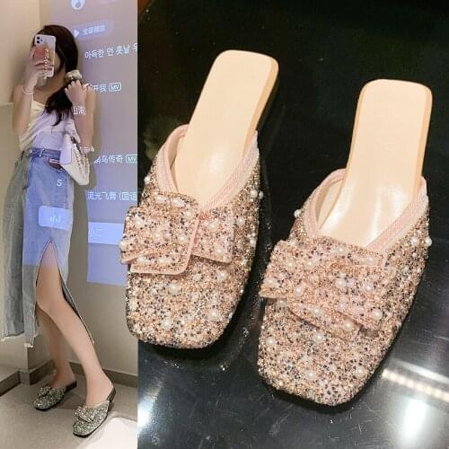 Womens Flat Shoes Shiny Square-toe Mules with Bowknot