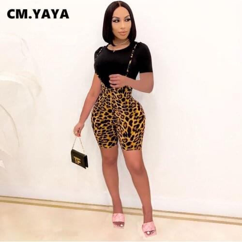 CM.YAYA Women Set Short Sleeve O-neck Tops Leopard Print Strechy Mini Overalls Casual Fashion High Streetwear Summer Outfits
