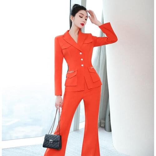 Women Spring Autumn Two Piece Sets 2021 New Long Sleeve Blazer Coat Tops+Long Flare Pants Trousers Set Office Lady Suits