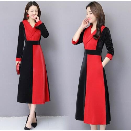 2020 Spring Autumn Womens Dress Long Temperament Stitching Wide Wife V-neck Large Size Long-sleeved A-line Dress Women New Z873