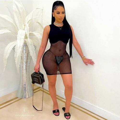 Sexy Sheer Mesh Patchwork Mini Women Summer Dress 2021 O Neck Sleeveless See Through Clubwear Party Dresses Outfits Clothing