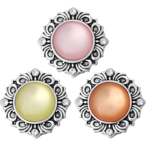 5pcs/lot New Vintage Flower Rhinestone Snaps Buttons Jewelry Cats Eye Metal Snap Button Fit 18mm Snap Bracelet Bangle for Women
