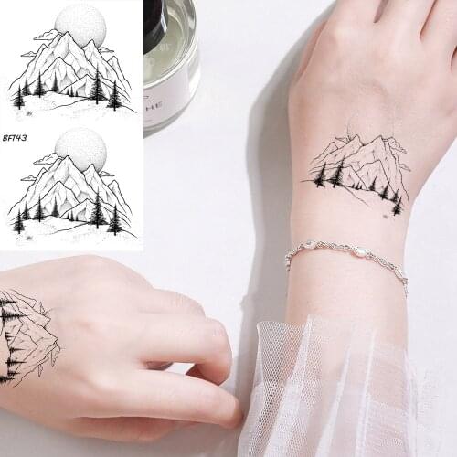 Black Line Women Sexy Fake Tattoo Stickers Small Mountains Men Tree Temporary Tattoo Moon Body Arm 3D Neck Water Transfer Tatoos