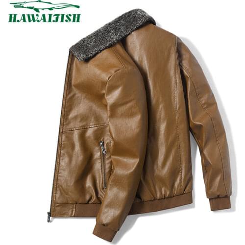Hawaifish brand leather jacket male fashion thickened Plush fur collar coat winter slim fit casual Motorcycle PU Jacket Biker