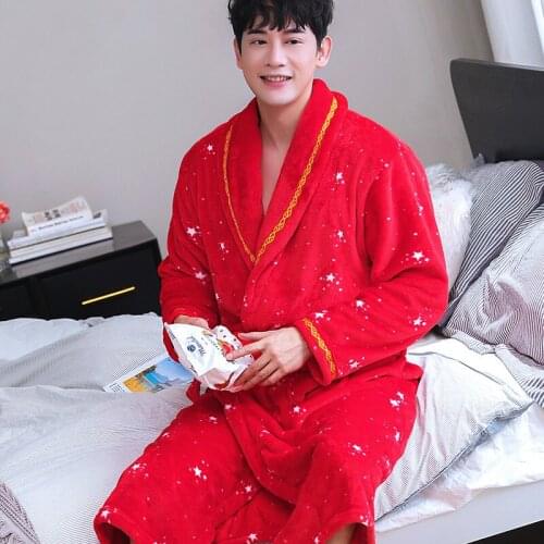 H5963 Men Robe Flannel Bathrobe Nightgown Coral Velvet Autumn Winter Thickened Warm Long Sleeve Comfortable Plus Size Nightwear