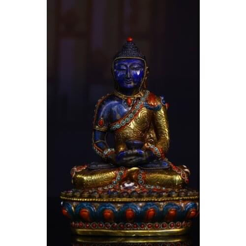 6"Chinese Folk Collection Old Natural lapis lazuli outline in gold mosaic Gem Dzi Bead Shakyamuni Buddha Amitabha Ornaments