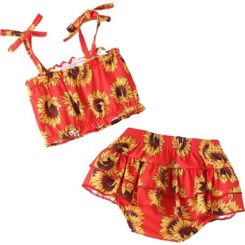 2021 Baby Girls Three-piece Clothes Set Floral Printed Pattern Suspender Tops + Culottes + Headdress Dark Blue/ Tangerine/ Beige