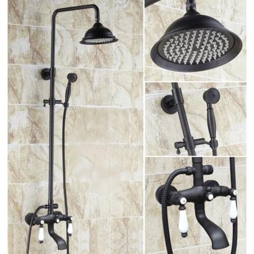 Black Oil Rubbed Brass Dual Ceramic Handles Bathroom 8 Inch Round Rain Shower Faucet Set Bath Tub Mixer Tap Hand Shower mhg143