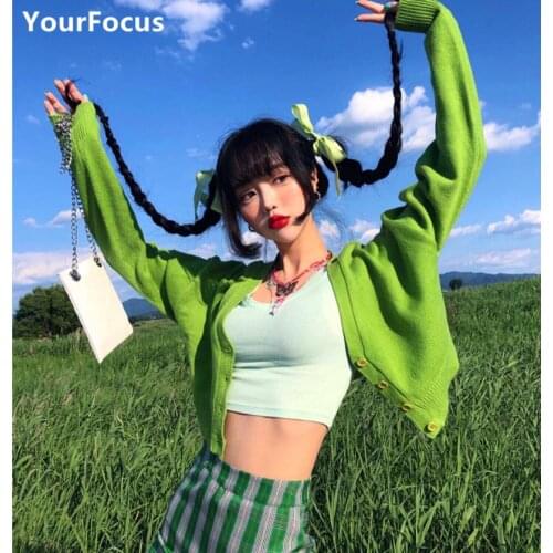 Cute kawaii chic Korean fresh avocado green short cardigan knitted loose sweater women tops