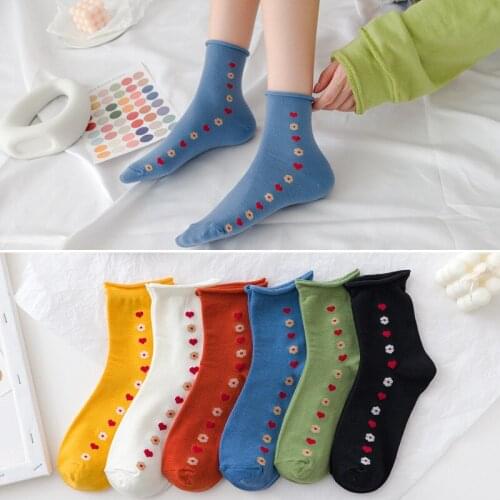 Womens Pure Cotton Socks Heart Flowers Crimping High Elastic Breathable Medium Tube Socks Sleeping Warmth Comfortable Socks
