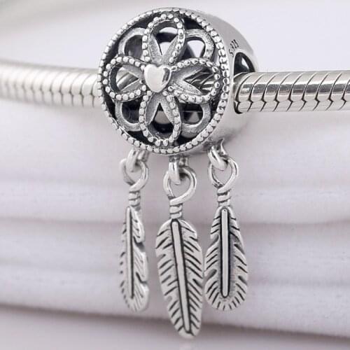 Original Openwork Flower Feather Spiritual Dream Catcher Pendant Bead Fit 925 Sterling Silver Charm Bracelet Diy Jewelry