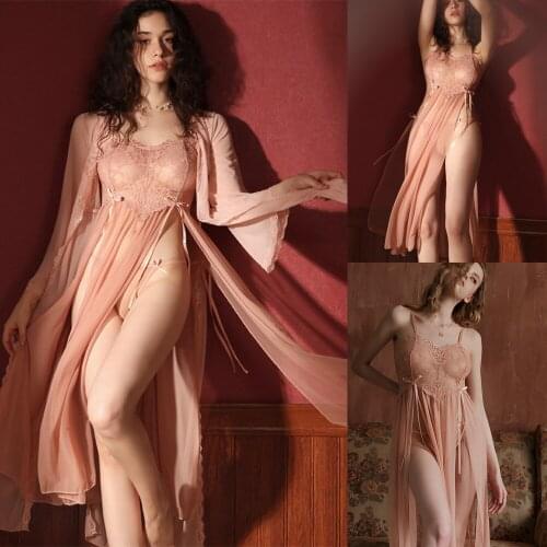 3 Pieces Pajamas Pink Wedding Bath Gown Modern Spaghetti Strap Lace Bathrobe Sexy Side Split Bridal Robe Custom Made Nightgown