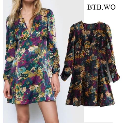 BTB.WO Za Dress Women Chic A Line Floral Print Dress Ruffles Long Sleeve Party Dress V Neck Female Dresses Veatidos Mujer