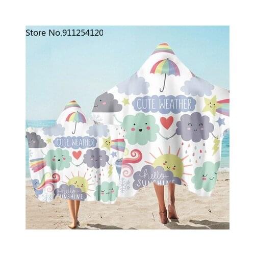 Parent-kids Cute Weather Printed Microfiber Beach Poncho Towel Quick Drying Soft Wearbale Hooded Bath Towels Beachwear