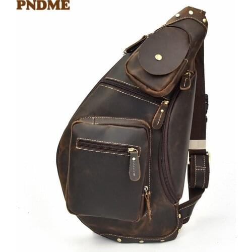 PNDME high quality crazy horse cowhide mens chest bag vintage designer luxury multi pocket genuine leather sport messenger bags