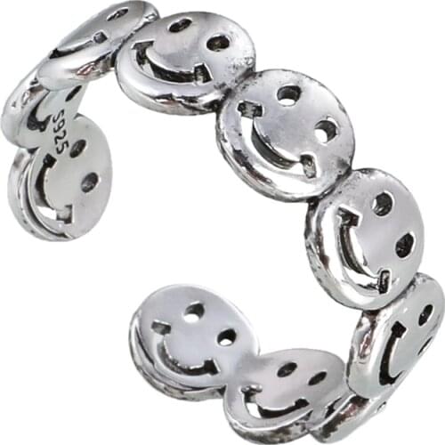 Vintage Ancient Silver Color Happy Smiling Face Open Rings for Women Punk Hip Hop Adjustable Ring Fashion Jewelry Best Gift