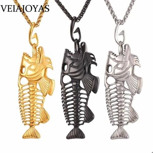 Stainless Steel Fish Bone Fishing Hook Pendant Necklaces Silver Gold Shellhard Hollow Fish Skeleton Bone Charm Necklace Jewelry