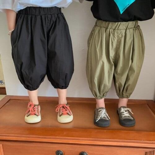 Korean style 2021 Boys girls solid color calf-length lantern pants unisex kids cotton loose thin pants 2-6Y