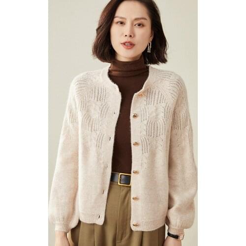 100% Pure Cashmere Knitted Jumpers Female Oneck Jackets Winter 2021 New Long Sleeve Cardigans for Woman Hollowed Out Fashion Top