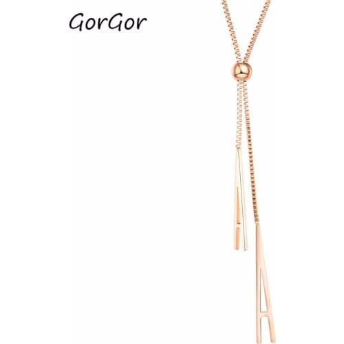 GorGor Rose Gold Plated Long Sweater Chain Pendant Titanium Steel Lobster Buckle Womens Geometric Tassels Necklace 1609