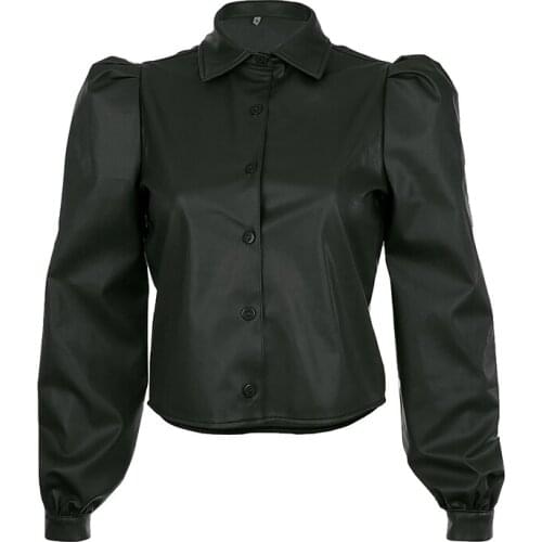 Spirng Faux Leather Puff Sleeve Tee Shirt Women DE Elegant Tops Turn-Down Collar Tops Ladies Autumn Korean Woman Tshirt harajuku