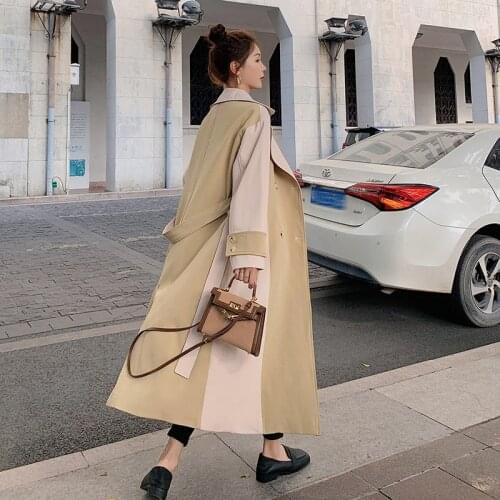 Women Elegant Korean Fashion Splice Long Trench Coat Windbreaker Spring Fall Double Breasted Belted Loose Casual Outerwear C07