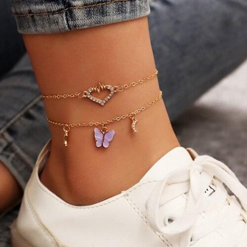 HI MAN 2Pcs/Set Korean Micro-Inlaid Zircon Heart Moon Butterfly Anklet Women Fashion Charm Birthday Gift Jewelry