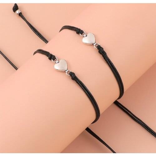 2 Pcs Handmade Stainless Steel Love Heart Shape Charm Bracelet Thin Red Rope Thread String Bracelets for Men Women Couples