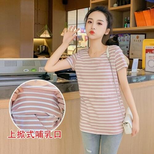 810# Maternity Clothes Summer Short Sleeves T Shirt Stripe Nursing Tops Loose Stylish Tops Pregnant Women