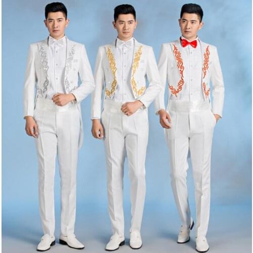 Blazer men groom suit set with pants mens embroidery suits costume singer star style dance stage clothing formal dress white