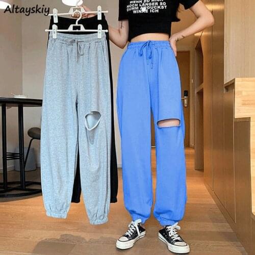 Pants Women Hollow Out High Waist Casual Summer New Joggers Baggiest Ins All-match Fashion Drawstring Streetwear Mujer Trousers