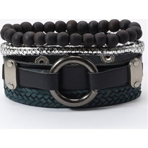 Black Circle 4 Pcs/set Beaded Hip hop Jewelry Snake Leather Men Bracelets Women Vintage Bangle Male Homme Jewelry Accessories