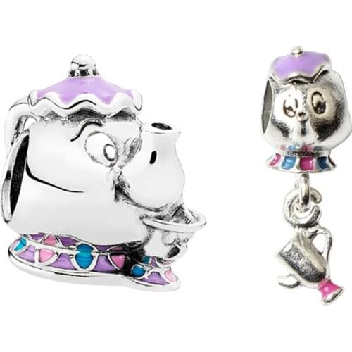Disny Traditions Mrs. Potts Smile Teapot Fit Original Pandora Charms Bracelet Cartoon Purple Enamel Beads for Jewelry Making DIY