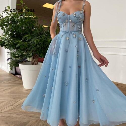 Spaghetti Strap Star Sky Blue Prom Dress Crystal Sweetheart Long Formal Party Gown Evening Dress Robe De Soiree