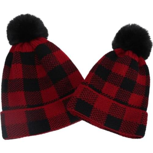FOCUSNORM Christmas Baby Girls Boys/Adult Knitted Hat Plaid Print Balls Woolen Hat Outfits 0-3Y Babys