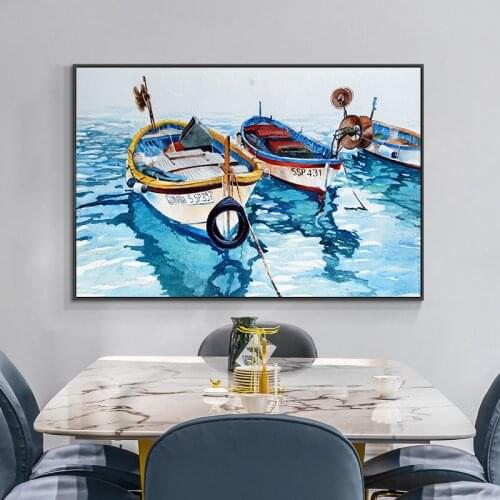 Boat On The Blue Sea Oil Painting Seascape Wall Art Canvas Painting Posters and Prints Nordic Picture For Living Room Home Decor