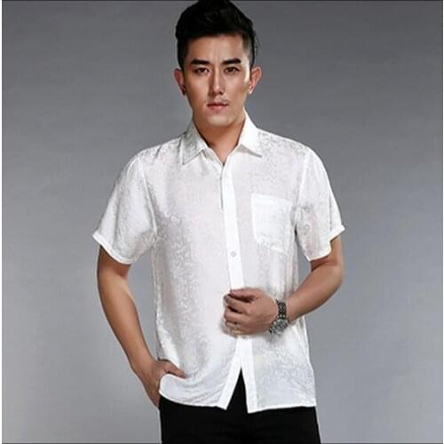 L-3xl Hot Summer New Fashion Casual Mens Short-sleeved Shirts 100% Silk Male Plus Size Loose Silk Shirt Costumes Clothing