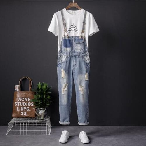 Summer One-piece Denim Overalls Mens Slim Korean Version Of The Hole Nine Pants Feet Pants Couples Jeans Bib Pants