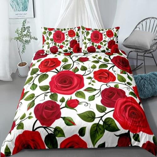 Fashion Red Rose Pattern Bedding Set 3D Printed Duvet Quilt Bedding Cover Pillowcase Bedroom Home Textile Set