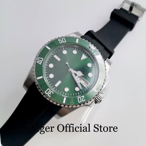 BLIGER Sterile NH36A Automatic Men Watch Sunburst Light Green Calendar Date Window Curved End Rubber Band Unidirectional Bezel
