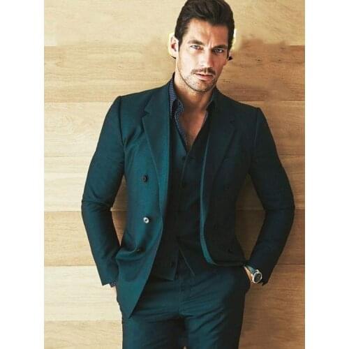 2020 Dark Green Double-Breasted Groomsmen Notch Lapel Groom Tuxedos Men Suits ( Jacket+Pants+Vest)