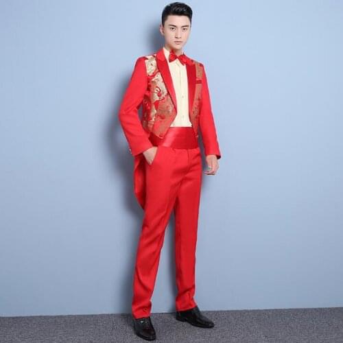 Embroidery mariage groom wedding suits for men blazer boys prom tuxedo suits fashion slim masculino latest coat pant designs red