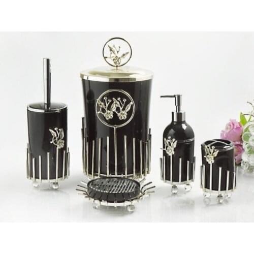 Bathroom Set Garbage Bucket, Soap Dispenser, Brush Holder 5 Piece Silver Color