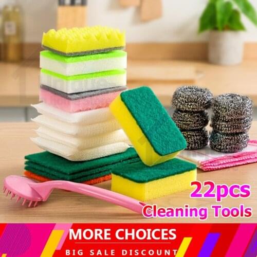 22Pcs Set Of Dishwashing Cleaning Supplies Sponge Wipe Steel Wire Dish Pot Household Emery Brush Kitchen Cleaning Scouring Tools