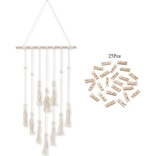 Hanging Photo Display Macrame Wall Hanging Pictures Organizer Home Decor with 25 Wood Clips
