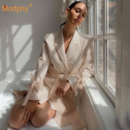 2020 Autumn New WomenS Chic A-Line Mini Dress Sexy Lapel Long Sleeve Bow Design Celebrity Club Evening Party Dress Vestidos