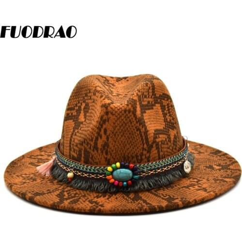 FUODRAO New Snake Print Fedoras Women Wide Brim Fedora Hats Wool Autumn Winter Jazz Caps Vintage Panama Cowboy Hat F8