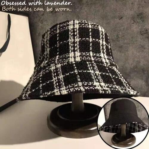 Obsessed with lavender. Hat female autumn wind fisherman Hat Plaid basin Hat double-sided Korean Japanese Chao brand