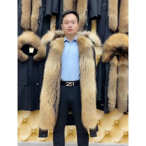 Natural Muskrat Fur Coat Men Long Parka Hooded Fur Jacket Raccoon Fur Collar Winter Fashion Casual Outwear Plus Size Custom